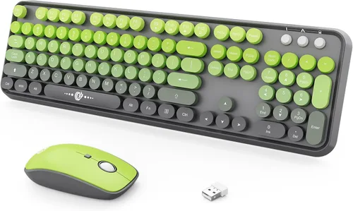 Vista 9 de Combo de teclado y mouse inalámbricos, 104 teclas redondas, lindo teclado y mouse inalámbricos coloridos con máquina de escribir retro, color negro