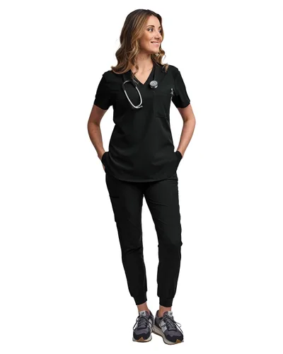 Vista 6 de Green Town Conjunto de ropa quirúrgica para mujer, pantalón deportivo y parte superior con cuello en V, 5 bolsillos, cintura de yoga, uniforme