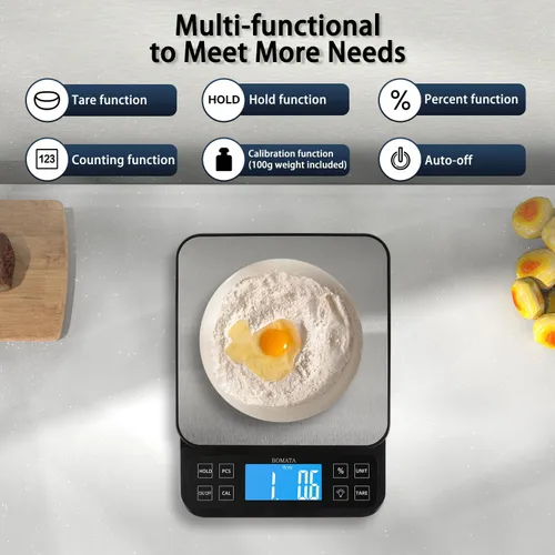 Vista 7 de BOMATA Báscula de cocina grande con alta precisión de 0.1 g/0.001 oz, báscula de panadería de 5 kg/11 lb con % de función de porcentaje, recargable