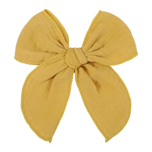 Vista 11 de Lazo de pelo de fábula amarillo oscuro de 5.5 pulgadas: pinza de pelo de algodón de lino hecha a mano para niñas - 1 unidad