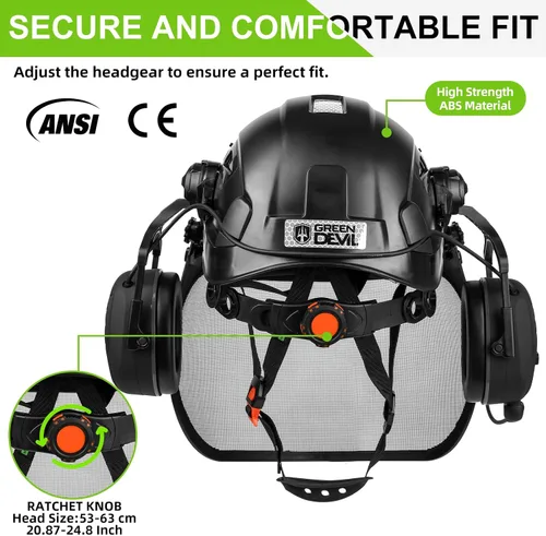 Vista 5 de Casco de seguridad para motosierra forestal GREEN DEVIL con orejeras Bluetooth Casco de arborista Casco duro con visera incorporada Protector facial