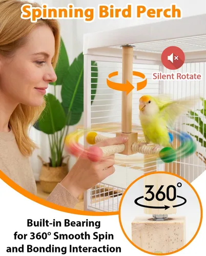 Vista 2 de Juguete de percha para pájaros, juguetes interactivos giratorios para periquitos, rueda de ejercicio de madera, juguete de loro, juguete