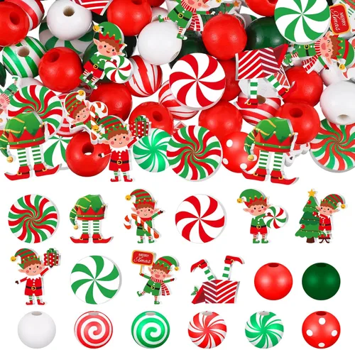Vista 8 de Misdary 200 piezas de cuentas navideñas para manualidades, cuentas navideñas de madera, rojas y blancas, caramelo de menta, jengibre para joyería