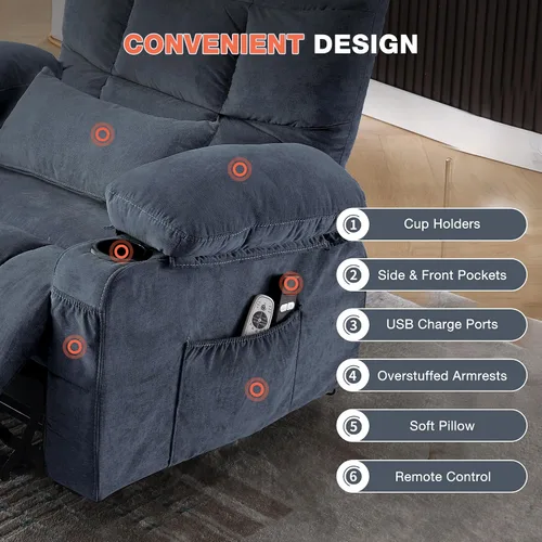 Vista 7 de MAHOMICO Silla reclinable eléctrica para personas mayores con masaje por vibración y calefacción lumbar, sofá reclinable eléctrico con bolsillo
