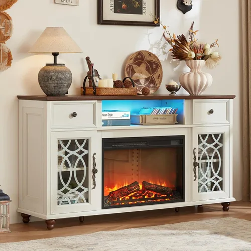 Vista 9 de Joaxswe Farmhouse - Soporte para TV con chimenea eléctrica y luces LED Negro