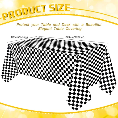 Vista 3 de 3 hojas de manteles desechables a cuadros en blanco y negro para fiesta de automóvil de carreras, 54 x 108 pulgadas, mantel rectangular de plástico
