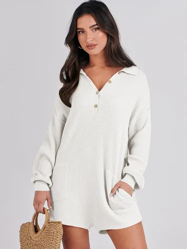 Vista 2 de ANRABESS Enterizo de suéter para mujer, trajes de otoño 2023, a la moda, largo, Henley, cuello en V, overol de punto para descansar