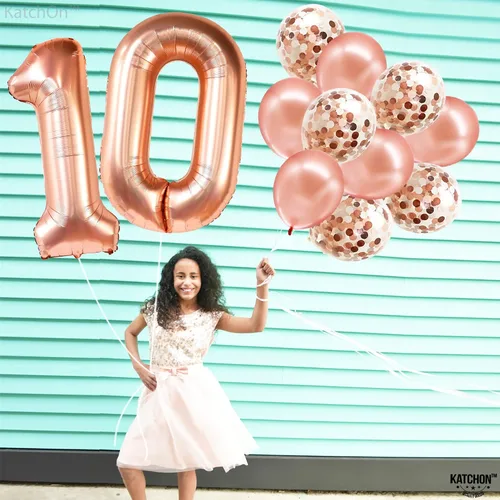 Vista 5 de KatchOn, Globo gigante de oro rosa del número 10 – 40 pulgadas Globo de oro rosa 10 con globos de confeti Decoraciones de 10 cumpleaños de oro