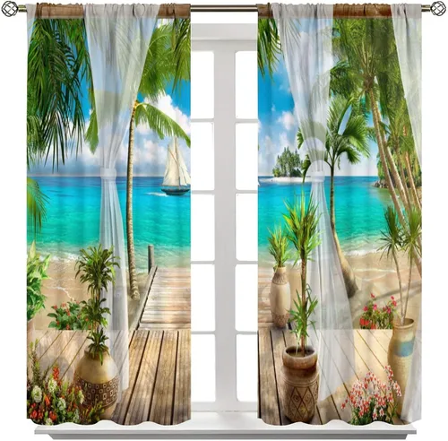Vista 8 de Cortinas de paisaje, ventana tropical con vista al mar, océano, playa, barco, cortinas con estampado de palmeras para dormitorio, sala de estar, Mar