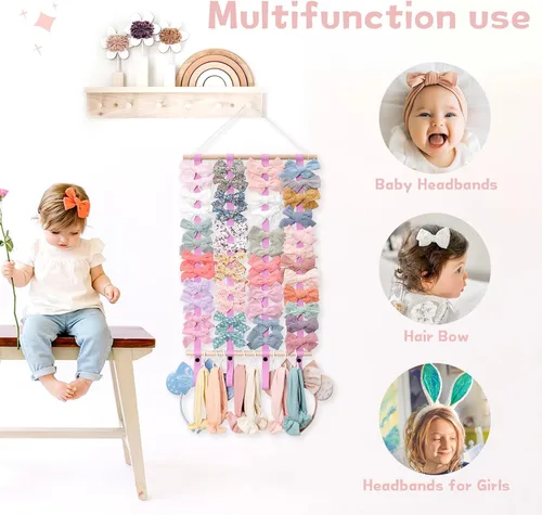 Vista 2 de OAOLEER Organizador de lazo para el pelo para niñas, pinzas para el pelo, diadema, organizador de almacenamiento para colgar en la pared, decoración