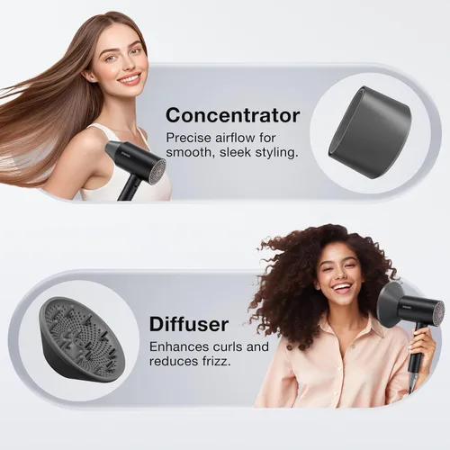Vista 7 de BABONIR 1875W Hair Dryer with Diffuser, Ionic Foldable Blow Dryer, Black Fast Drying for All Hair Types, 3 Heat & 2 Speed, Concentrator &