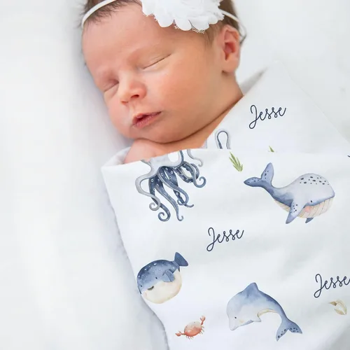 Vista 4 de Under The Sea - Manta unisex personalizada para bebé, color blanco, 30 x 40 pulgadas, BB349