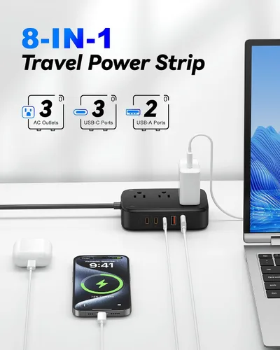 Vista 2 de Regleta de alimentación de viaje PD20W - 3AC y 5 USB (3 USB C), cable de extensión de 5 pies 8-in-1 Power Strip with USB C Port for Home, Portable