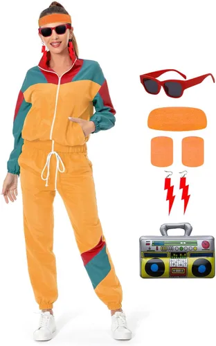 Vista 7 de Conjunto de traje de pista de bloque de color de los años 80, rompevientos de manga larga de los años 90, traje deportivo casual para mujer