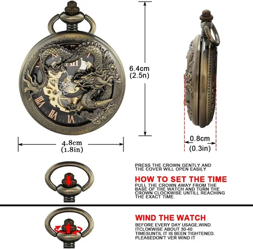 Vista 7 de Men's Mechanical Hollow Dragon Design Hand Wind Pocket Watch Roman Numerals Steampunk with Chain Box Cus-PJX1346-bronce negro
