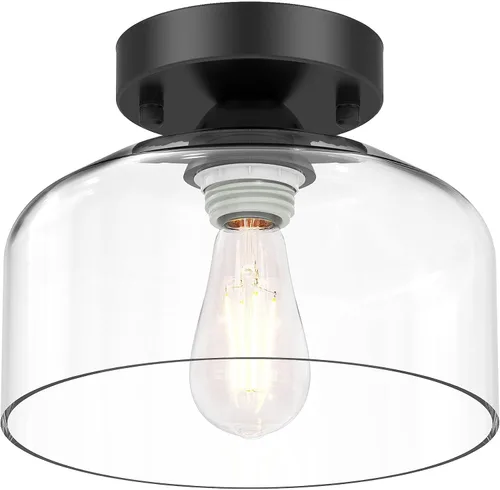 Vista 9 de Lámpara de techo semiempotrada dorada cepillada, pantalla colgante de vidrio transparente, lámpara moderna de granja para pasillo, pasillo, cocina