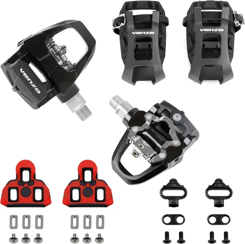 Vista 10 de Venzo Compatible con Shimano SPD-SL y Shimano SPD System para bicicleta de ejercicio en interiores, pedales y tacos con husillos resistentes de 9/16