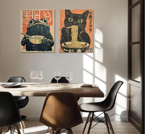 Vista 2 de Lienzo de pared de gato japonés vintage, arte de pared, diseño de gato negro peculiar que come ramen, póster retro divertido de rana comiendo