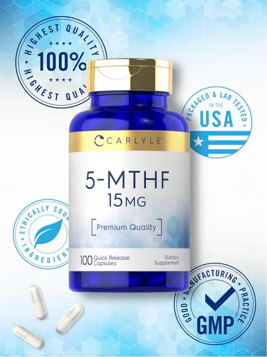 Vista 6 de Carlyle Suplemento 5-MTHF 15mg 100 cápsulas L-metilfolato Sin OMG, sin gluten Calidad premium