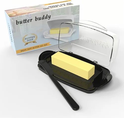 Vista 11 de Mantequilleras con tapa para encimera y refrigerador, plato de mantequilla de plástico transparente con tapa abatible y esparcidor, recipiente