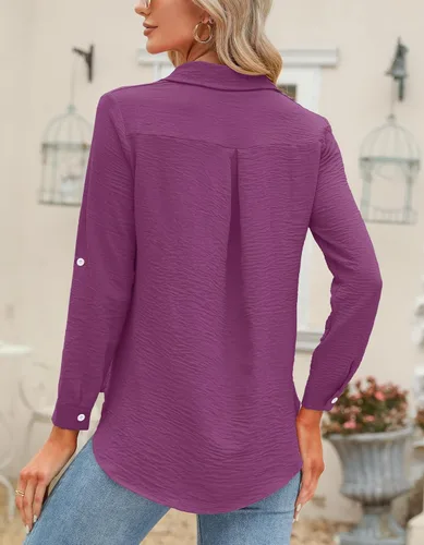 Vista 23 de Odosalii - Camisas con botones para mujer, con cuello en V, manga larga, enrolladas, blusas elegantes y formales para negocios y ocasiones casuales