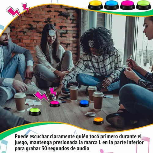 Vista 5 de Paquete de 8 zumbadores de respuesta grabables, suministro de preguntas para fiestas de juegos, color brillante Sound Button for Home, Record