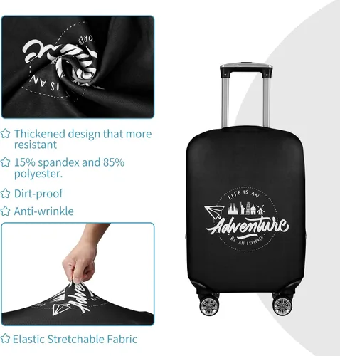 Vista 4 de KENOBEE Funda para maleta, NegroBlanco - La vida es una aventura, La vida es una aventura