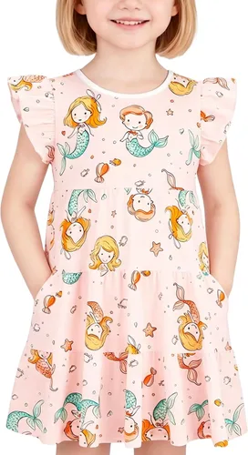 Vista 27 de Vestido casual para niñas, de algodón suave, manga corta, transpirable, acampanado, para adolescentes, talla 2T, 3T, 4T, 5, 6, 7, 8, 9, 10, 12, 13