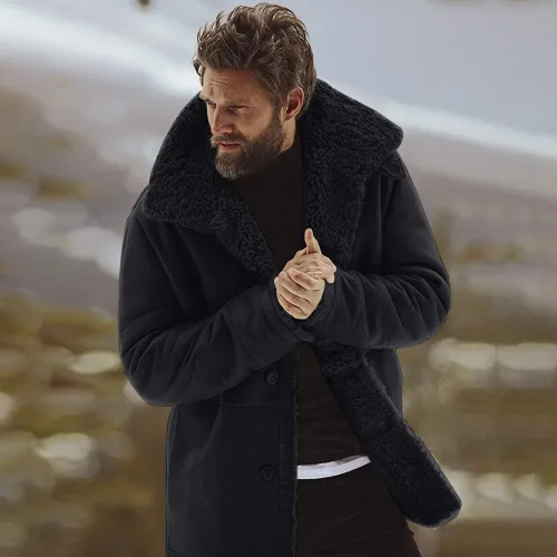 Vista 2 de Ymosrh Chaqueta de motocicleta para hombre, chaqueta de piel de oveja cálida con forro de lana sintética de montaña, chaqueta de cuero para hombre