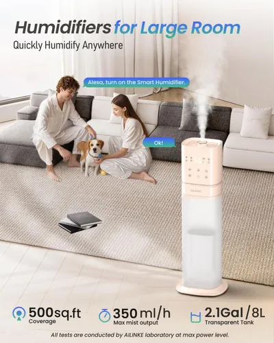 Vista 2 de Humidificador inteligente para habitación grande, humidificadores de 2.1 galón/8 litros para dormitorio con tubo extendido y luz nocturna
