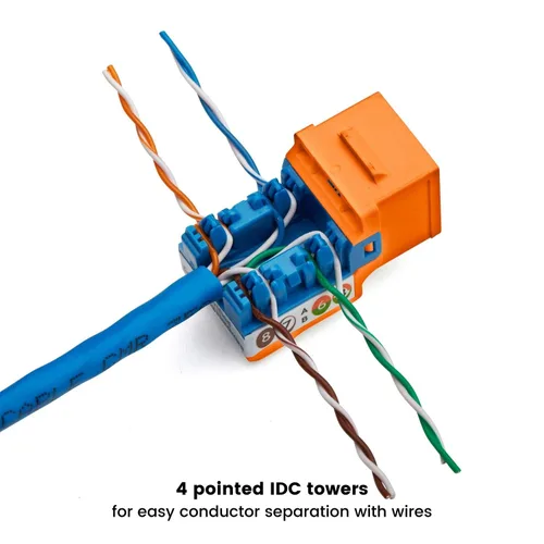 Vista 124 de TRUE CABLE Conector Keystone Cat5e, sin blindaje (UTP), perforado de 90 grados, PoE++ (4PPoE) 100W, certificación UL, verificado ETL, certificado