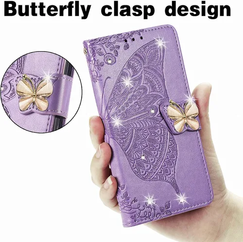 Vista 9 de HZD - Funda tipo cartera para iPhone 15, diseño de mariposa 3D, piel sintética, con función atril, cierre magnético y ranuras para tarjetas