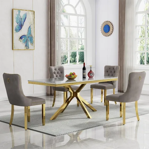Vista 22 de Juego de 5 mesas de comedor, juego de mesa de cocina y comedor para 4, mesa de cocina rectangular de mármol sintético blanco de 47 pulgadas con base