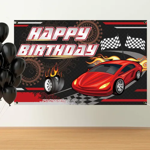 Vista 6 de Telón de fondo de cumpleaños de carreras de autos (5.9 x 3.7 pies), pancarta de tela gruesa a las arrugas, para cabina de fotos para niños, fiesta