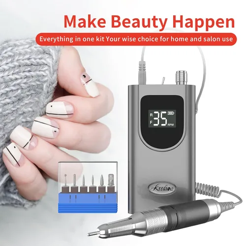 Vista 7 de Kredioo Taladro de uñas eléctrico profesional de 35000 rpm, máquina Efile portátil recargable, kit de 6 puntas para quitar uñas de gel acrílico, Gris