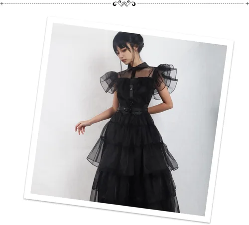 Vista 7 de CFNRHEOU Wednesday Addams Dress for Kids Girls,Family Party Dress Up Cosplay Outfit Gothic Dress Halloween Costumes with Hair