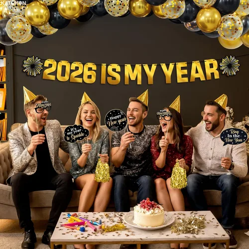 Vista 4 de KatchOn, Cartel de Feliz Año Nuevo – 10 pies, preencordado Fondo dorado de feliz año nuevo, decoraciones de Año Nuevo 2026 Telón de fondo NYE