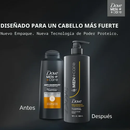 Vista 4 de DOVE MEN+CARE Champú 2 en 1 + acondicionador anticaspa 1 unidad para mejorar la salud del cuero cabelludo, con piritiona de zinc, 18 onzas