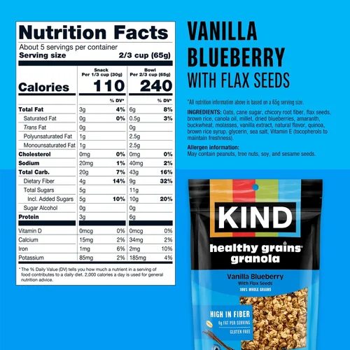 Vista 2 de KIND HEALTHY GRAINS Granola, snack saludable, granola de vainilla y arándanos con semillas de lino, mezcla de aperitivos, 3 unidades, 33 onzas