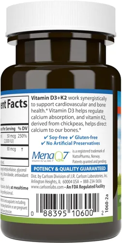 Vista 3 de Carlson Vitamina D3 + K2, 50 mcg (2000 UI), soporte óseo, 30 cápsulas