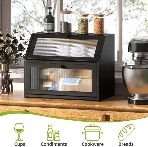Vista 5 de BMOSU Panera grande de doble capa para encimera de cocina, almacenamiento de madera de bambú (negro)