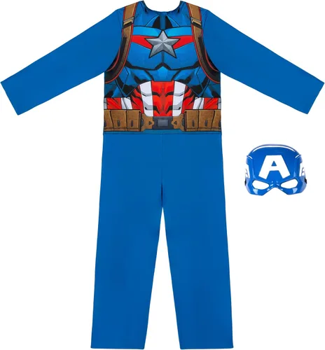 Vista 3 de Marvel - Disfraz oficial del Capitán América, overol de tela premium con diseño impreso y media máscara de plástico