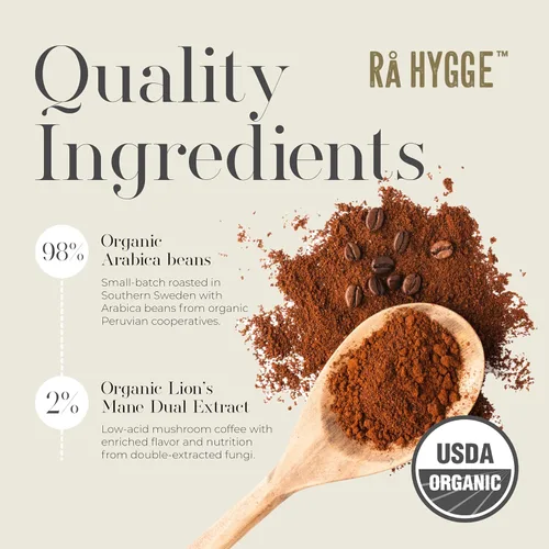 Vista 4 de Rå Hygge Organic Ground Lion’s Mane Mushroom Coffee - Medium Roast, 8 oz (16 Cups) - Focus & Cognitive Boost Coffee, Low-Acid & Jitter-Free