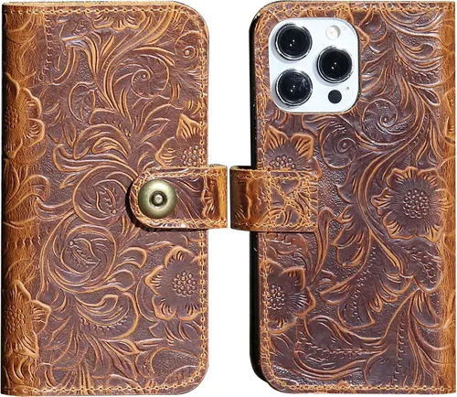 Vista 9 de Funda de cuero compatible con iPhone 16 Pro Wallet de 6.3 pulgadas, protección completa de piel auténtica a prueba de golpes, funda abatible