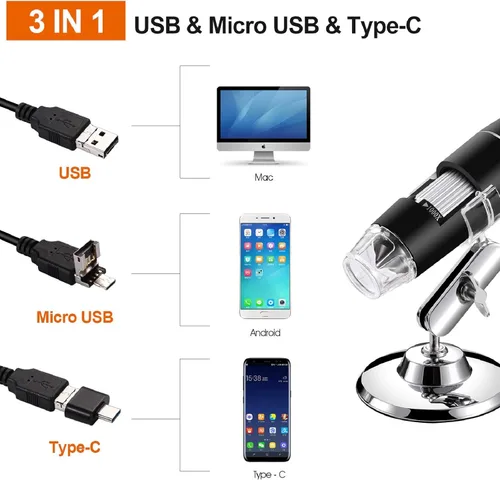 Vista 2 de Microscopio USB con soporte de metal mejorado y funda de transporte portátil, cámara endoscopio digital compatible con teléfonos Windows Mac Android