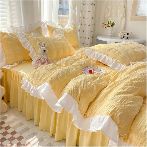 Vista 8 de ADovz Juego de ropa de cama con volantes y encaje, falda de cama para mujer, color sólido, tamaño Queen, juego de funda de edredón para cama doble