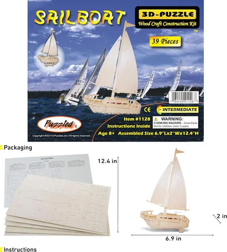 Vista 2 de Puzzled Rompecabezas de madera 3D de velero - Kit de construcción de bricolaje rompecabezas de barco de madera para niños y adultos, pintura