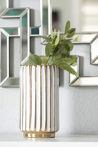 Vista 6 de Jarrón blanco y dorado, elegante decoración del hogar, florero de flores, centro de mesa de cocina, crestas geométricas, parte inferior biselada