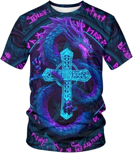 Vista 28 de GLUDEAR Camiseta Vikings para hombre, novedad con estampado 3D de mitología nórdica Aurora Galaxy Life Tree