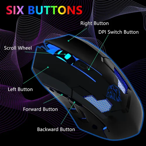 Vista 2 de FUWANG Ratón para juegos con cable, mouse USB para computadora con retroiluminación RGB, sensor óptico de 7200 DPI, mouse ergonómico para gamer